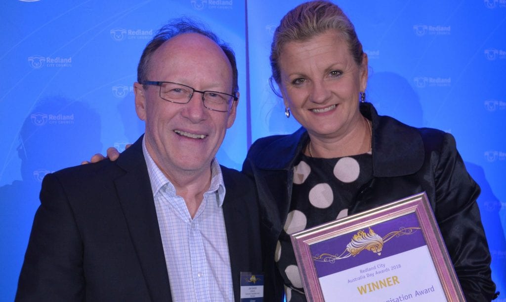 Joe Gamblin and Mayor Karen Williams accepting Redland City Australia Day Award on behalf of winner Myhorizon